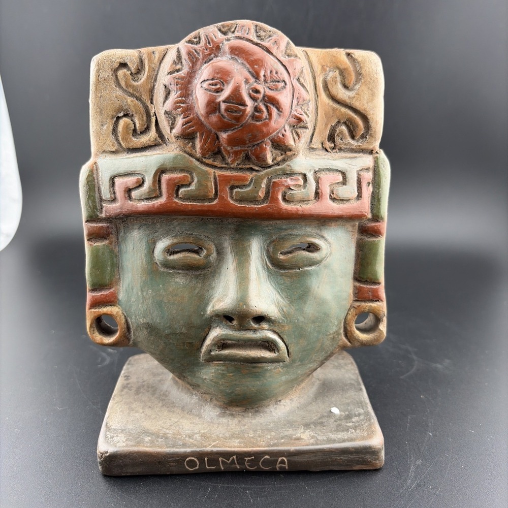 Tribal Mexican Aztec Mayan Face Mask Terracotta Clay Hand Painted 5.5" Tall